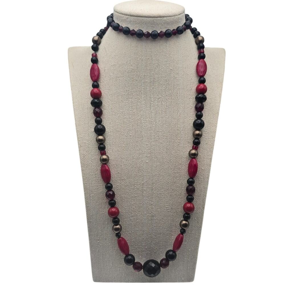 Black, Garnet Red & Bronze Beaded Necklace - Dark Romance
